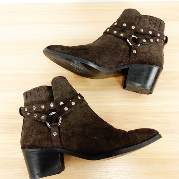 Western Brown Boots Women 7 Ankle Booties Heeled Studded Harness Pull On‎ Rodeo - Picture 4 of 13